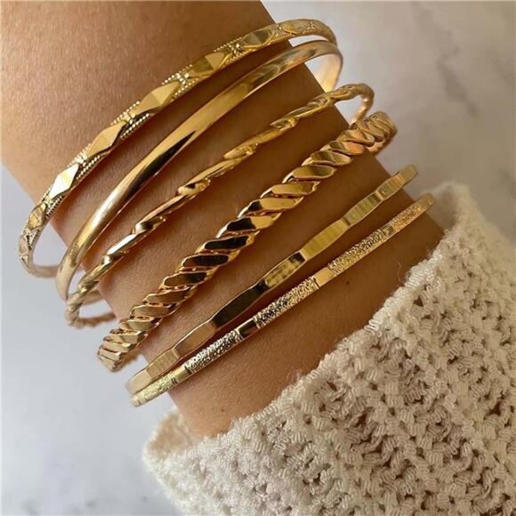 Womens Gold Bangle Bracelet Set 14k Plated Multi Layer Stackable Cuff Jewelry - Picture 2 of 8